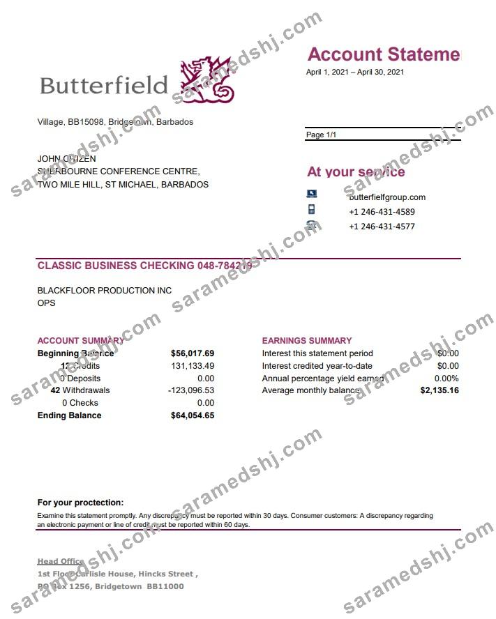 Barbados Butterfield bank statement easy to fill template in .xls and .pdf file format